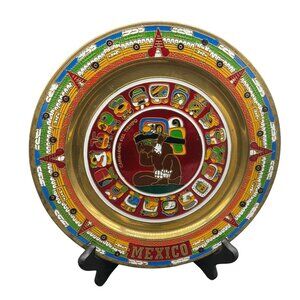 Vintage Mexican Aztec Calendar Plate Painted on Brass Wall Hanging 11" Diam